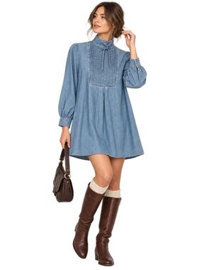 ALEXA‎ CHUNG for AG Julie Chambray Pintuck Dress Small Prairie Denim Babydoll